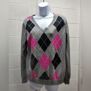 IZOD Womans XL Golf Argile Diamond Sweater V Neck Long Sleeve Gray Pink